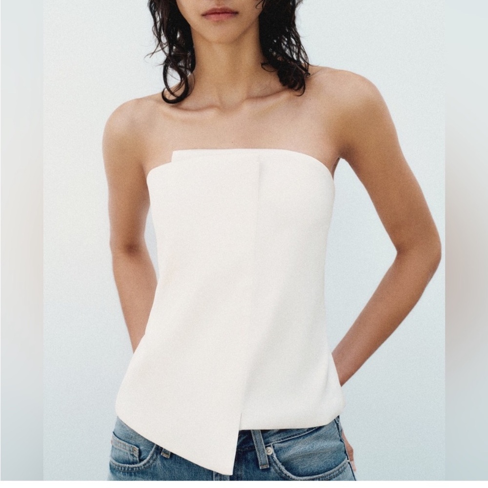 ❌SOLD❌ Zara Oyster White Satin Effect Strapless Shirt